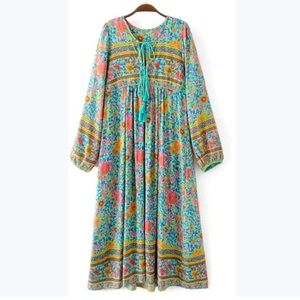 R.Vivimos Boho Dress Sz M Floral Print Retro V Neck Tassel Midi Long Sleeves